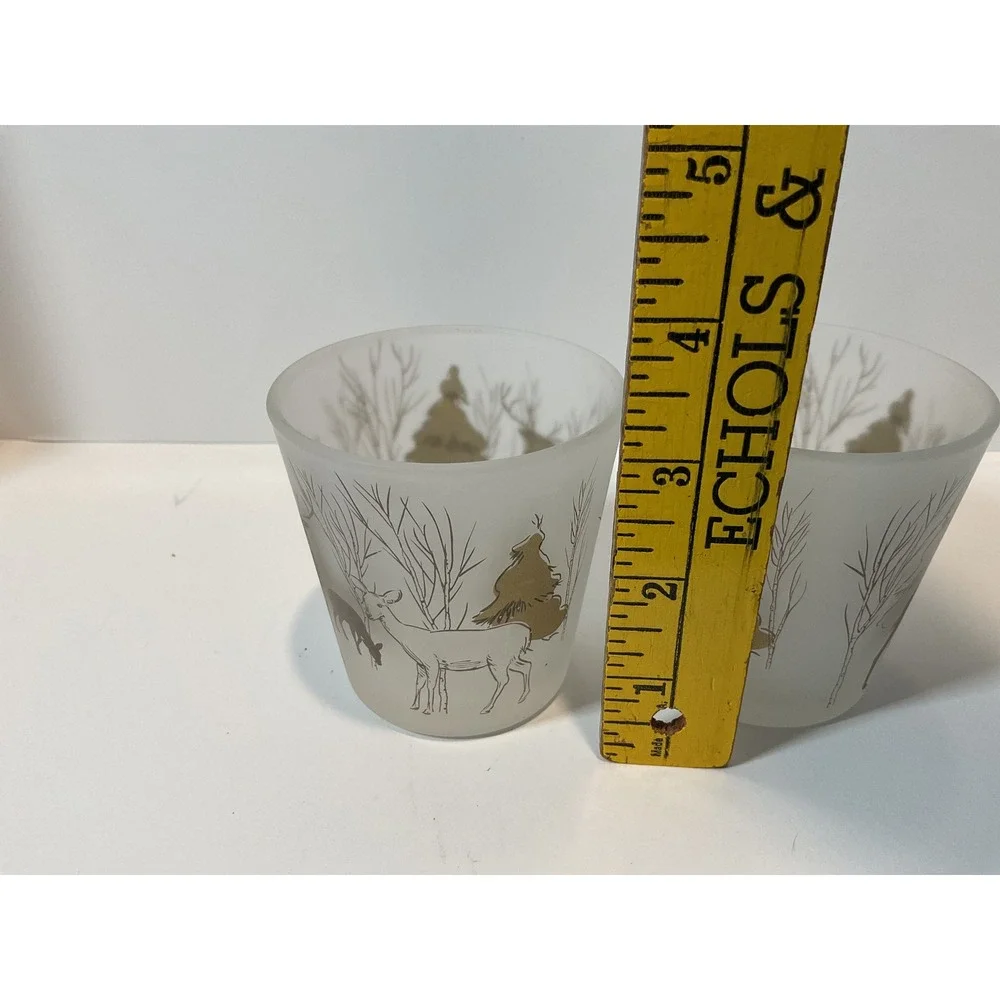 Set Of 2 Frosted Glass Votive Candle Holders Woodland Deer Winter‎ Scene